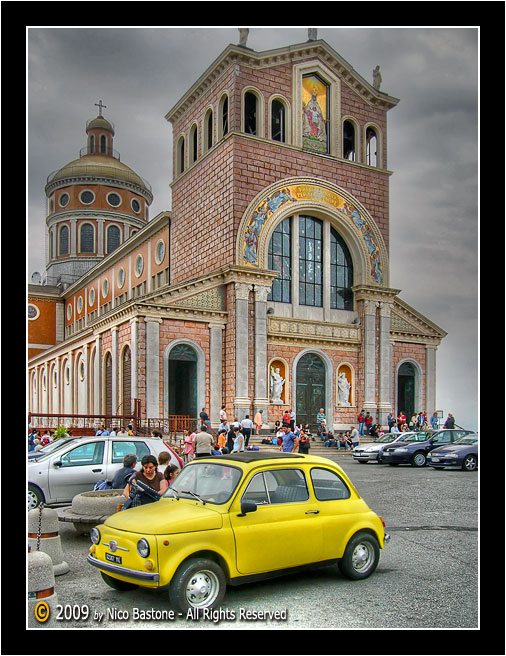 Tindari (Tyndaris), Patti "Il Santuario e la Fiat Cinquecento gialla - The Sanctuary and the yellow Fiat car 500" HDR, High Dynamic Range